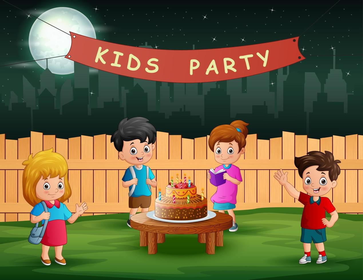 Kids party in the yard with many happy children and big cake vector