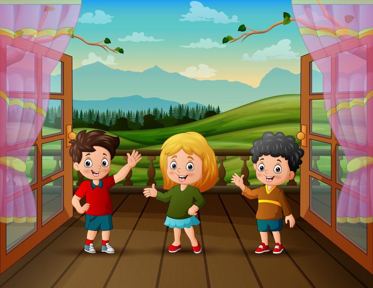 Cute the children on the terrace of the house with a beautiful view vector