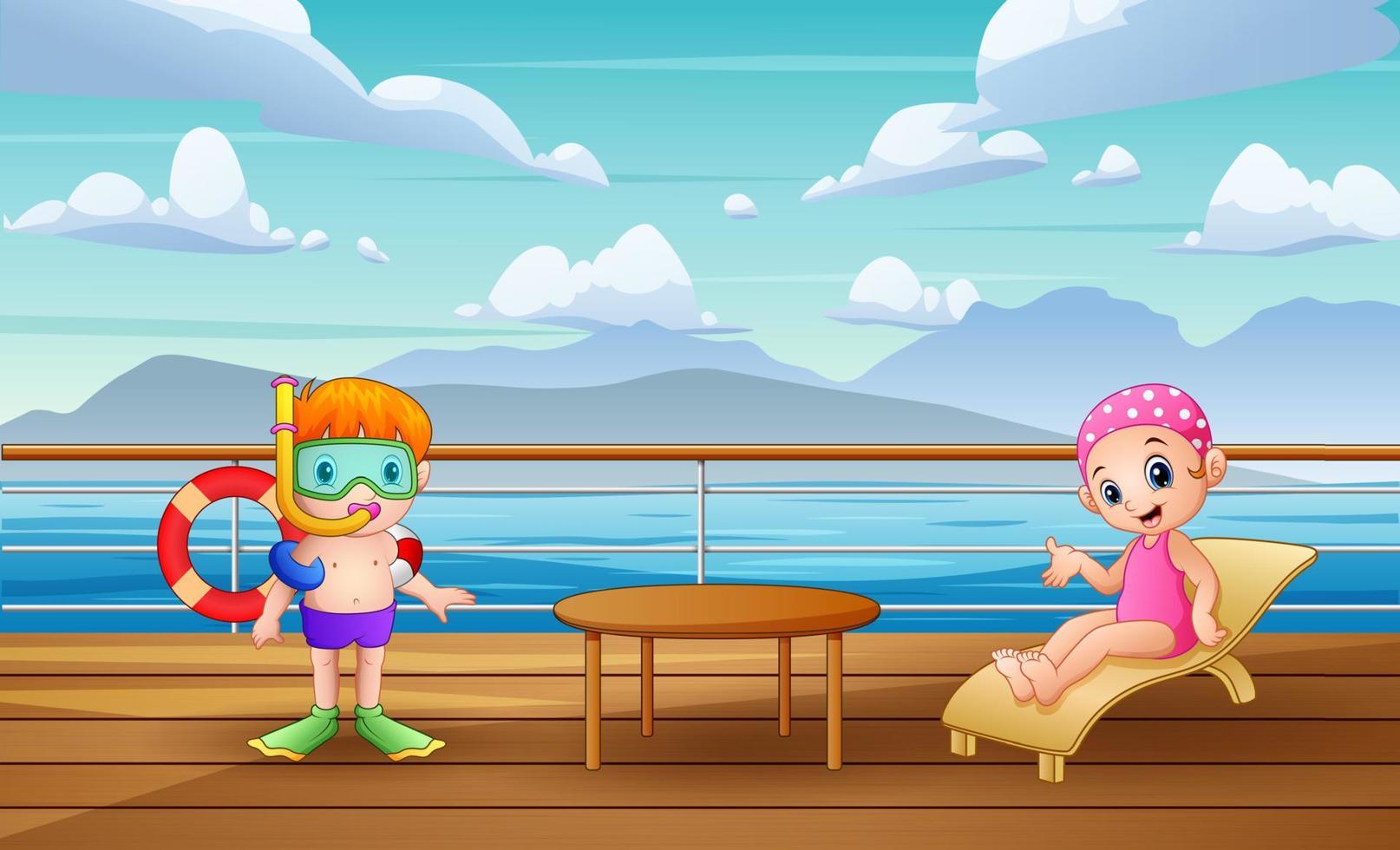 Happy children are relaxing on ship deck vector