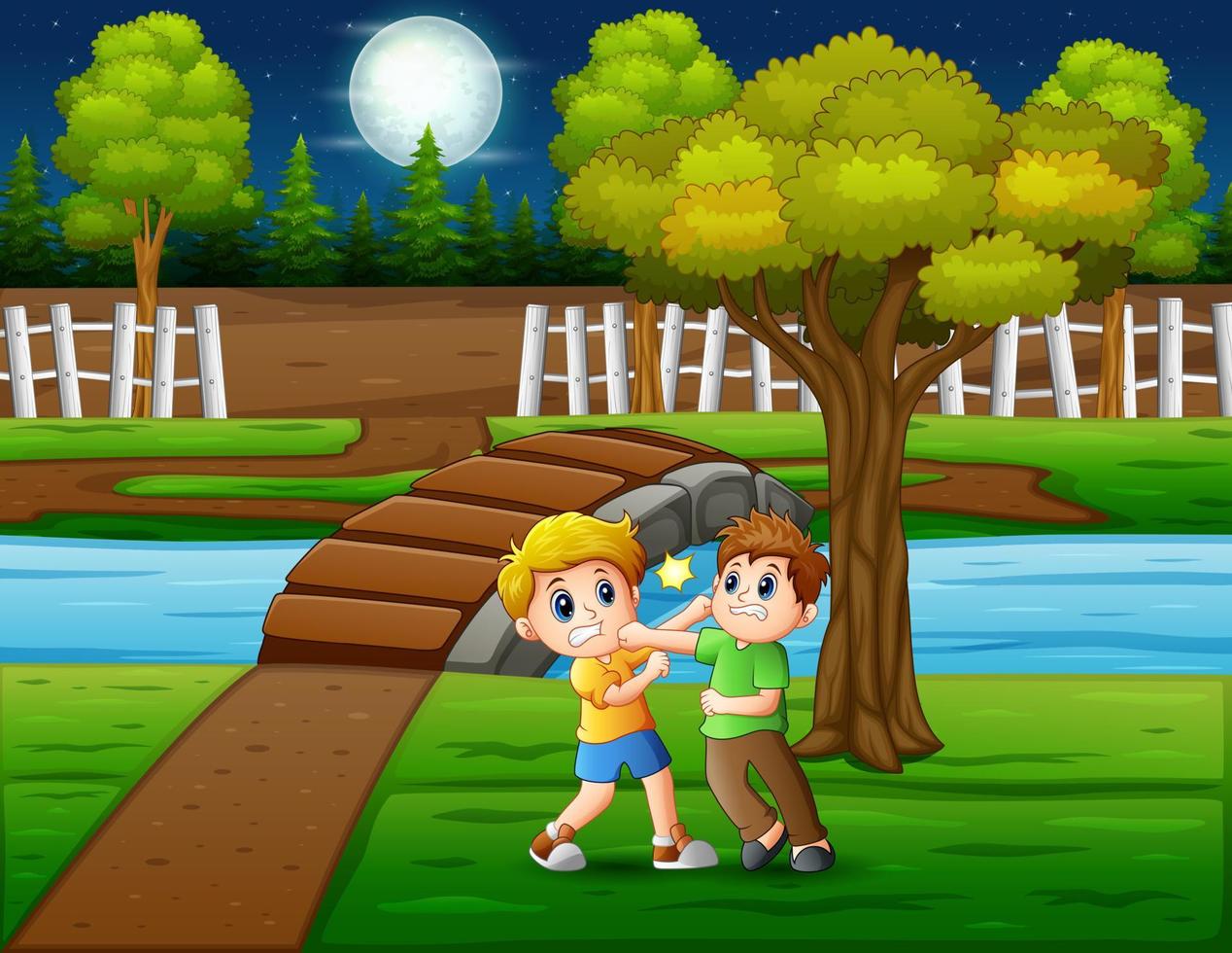 Cartoon illustration of two boys fighting at night vector