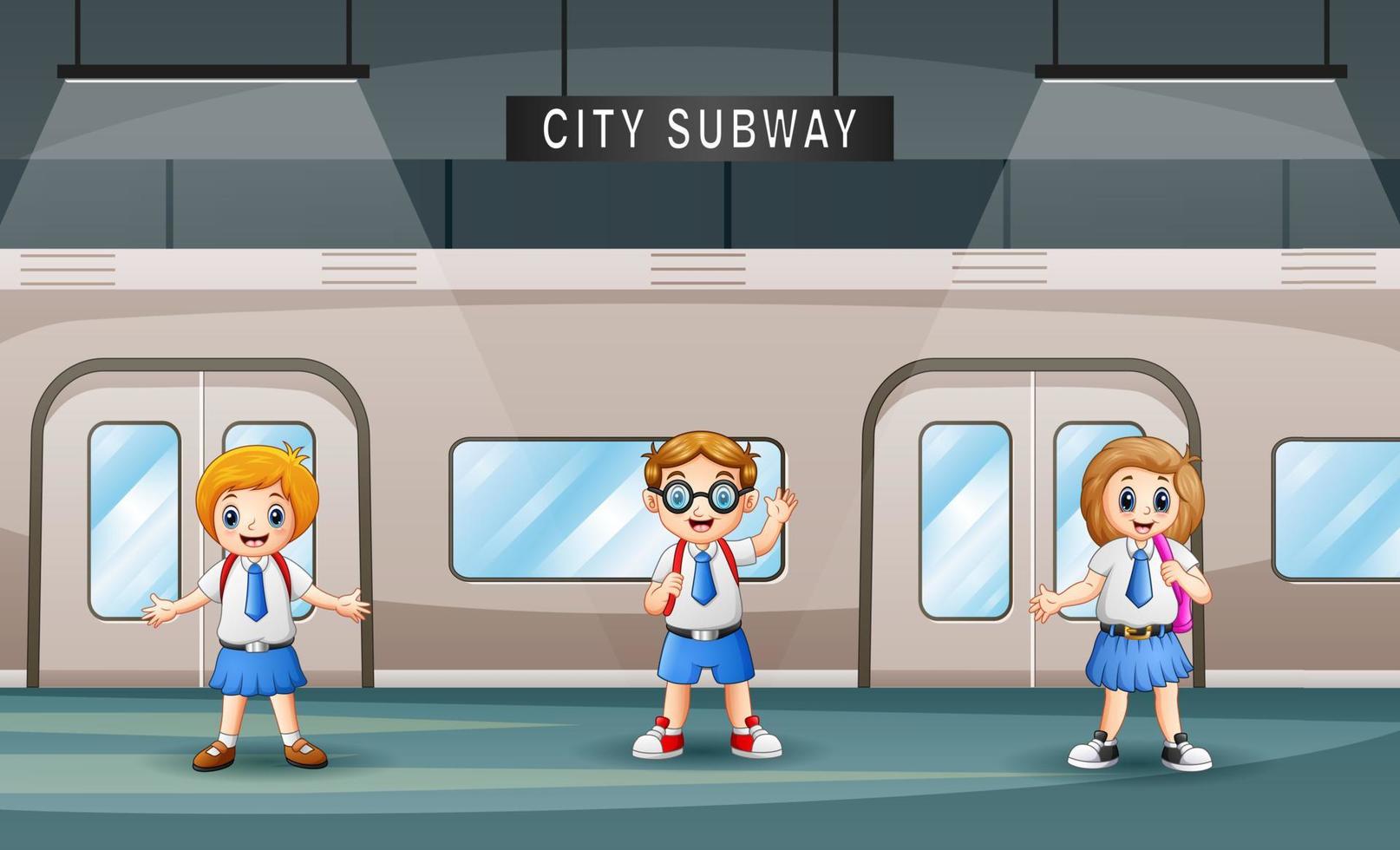 Cartoon of school children in a train station vector