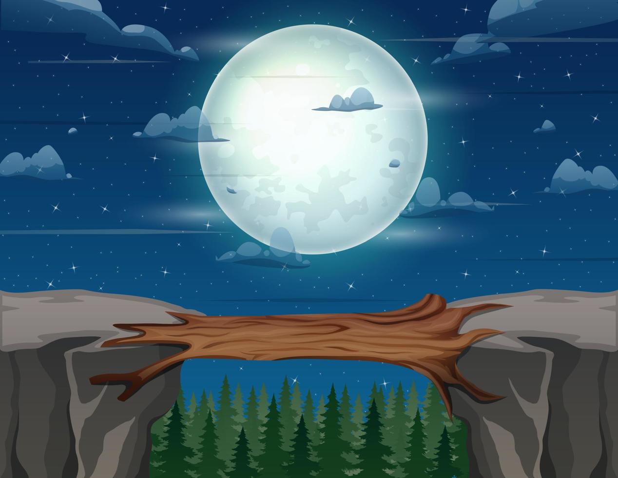 Log bridge between mountains above cliff in rock peaks landscape with a full moon vector