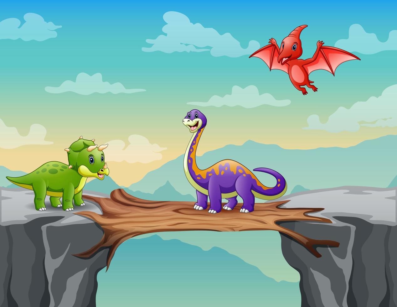 Cartoon illustration of dinosaurs on a cliff vector