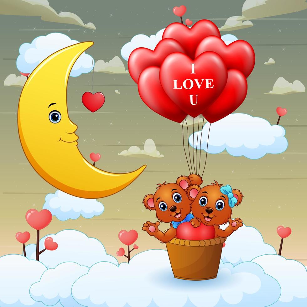Cartoon bear in a basket with red heart shape balloon vector