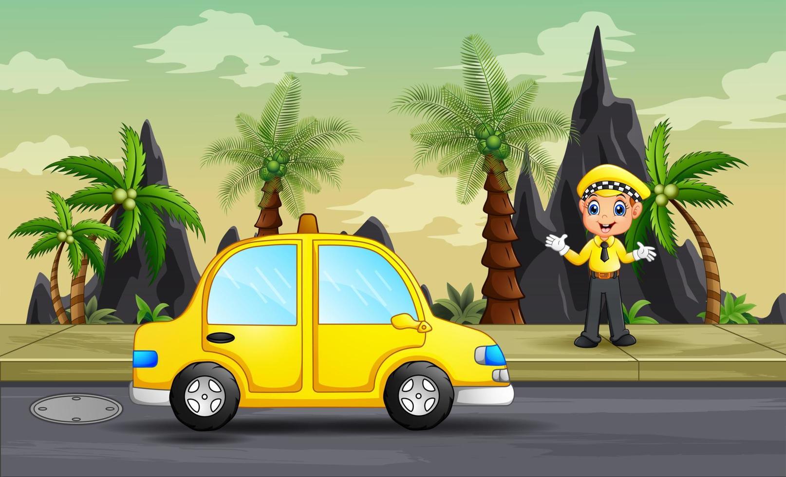 Cartoon taxi driver and his car on the roadside vector