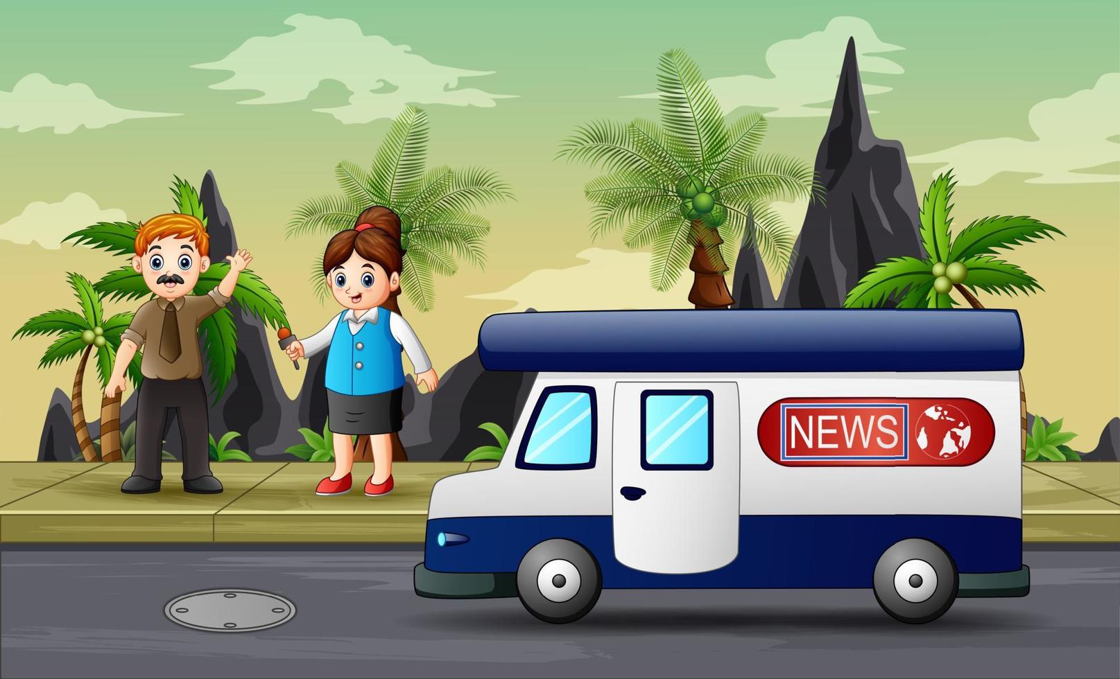 periodista de dibujos animados entrevistando a un niño en la calle vector