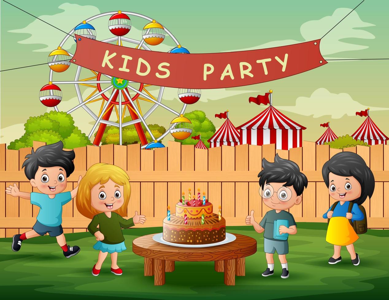 caricatura de los niños en una fiesta de cumpleaños en el patio trasero vector