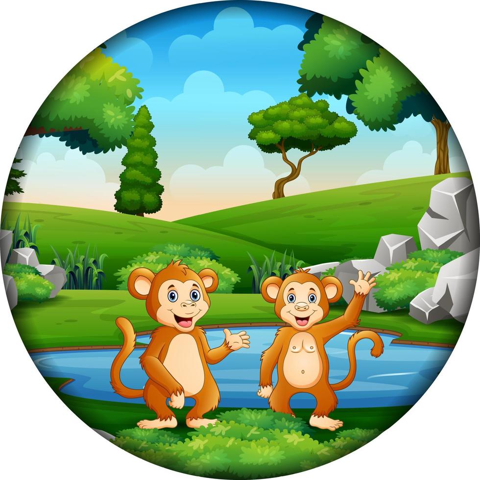 Cute monkeys by the pond in circular frame vector