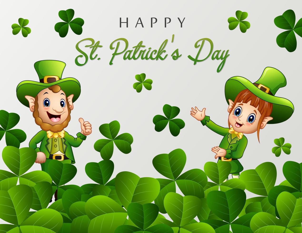 feliz saludo del día de san patricio con duende y hojas verdes vector