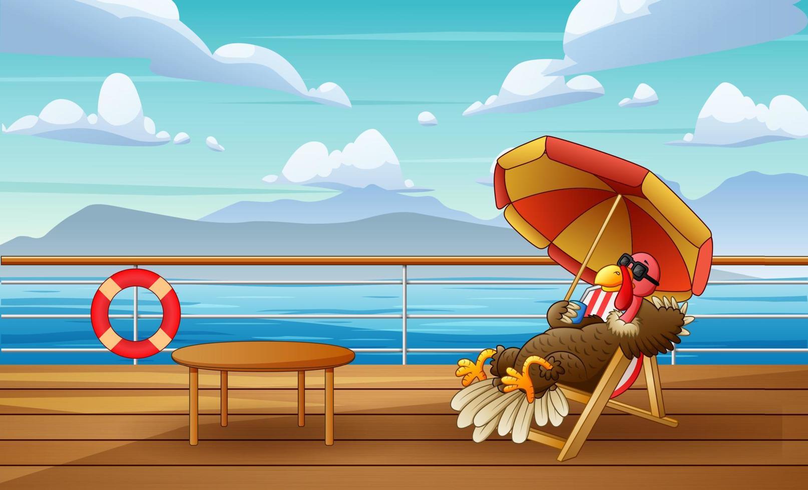 Cute cartoon a turkey is sunbathing on chaise lounge under colorful parasol vector