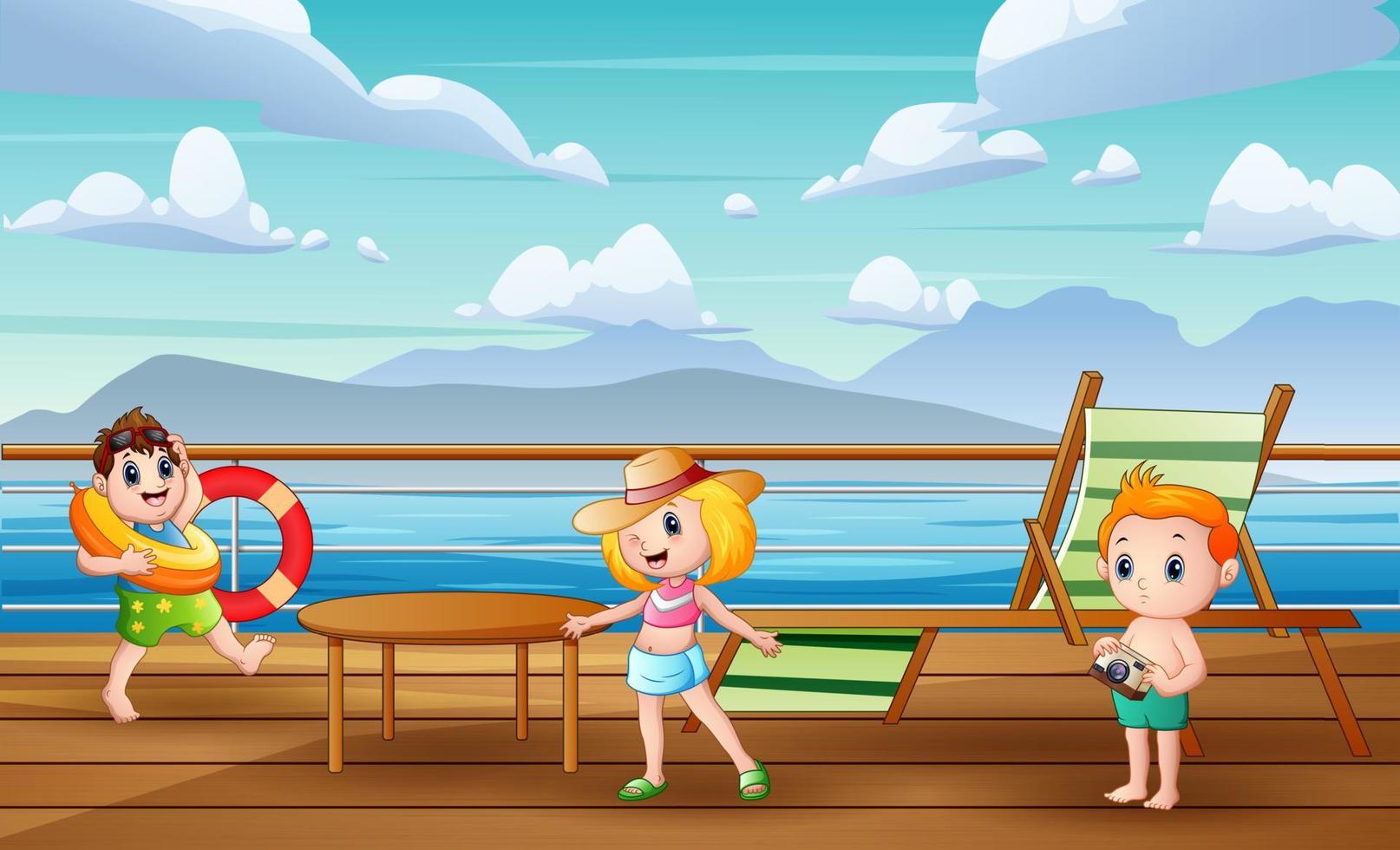 Cartoon kids enjoying the scenery and having fun on deck vector