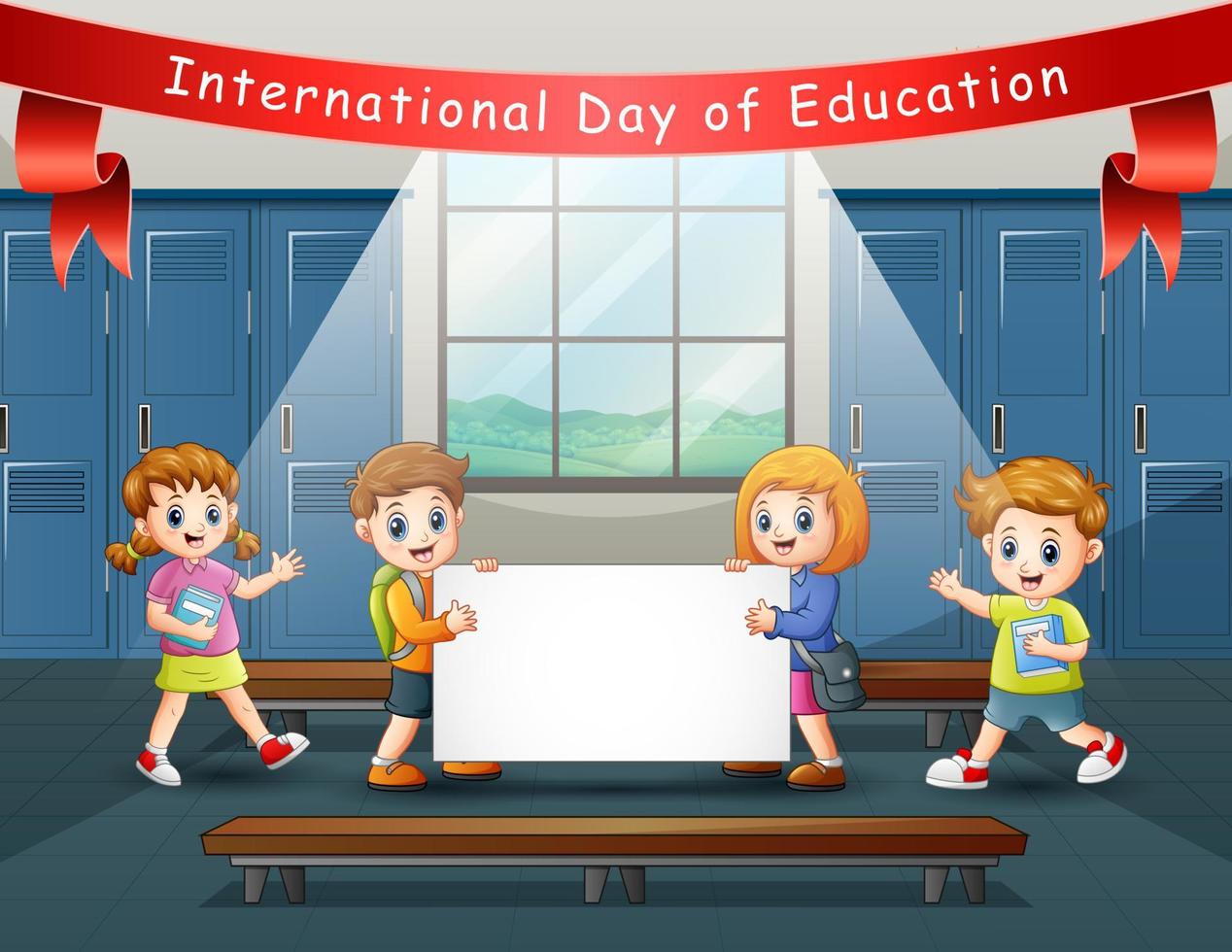 día internacional de la educación con niños con cartel en blanco vector