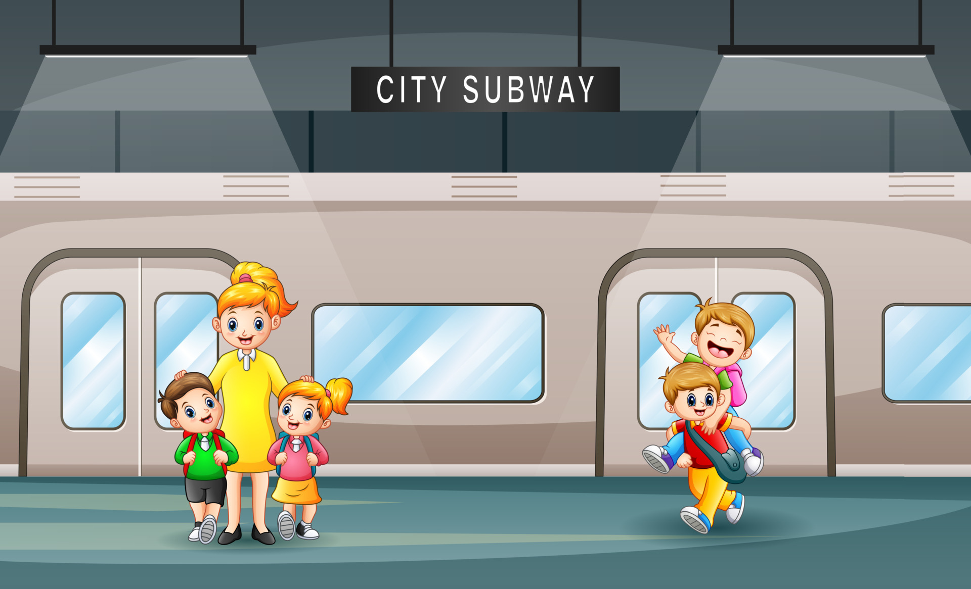 Cartoon of a teacher with her student in a train station 7159759 Vector Art  at Vecteezy