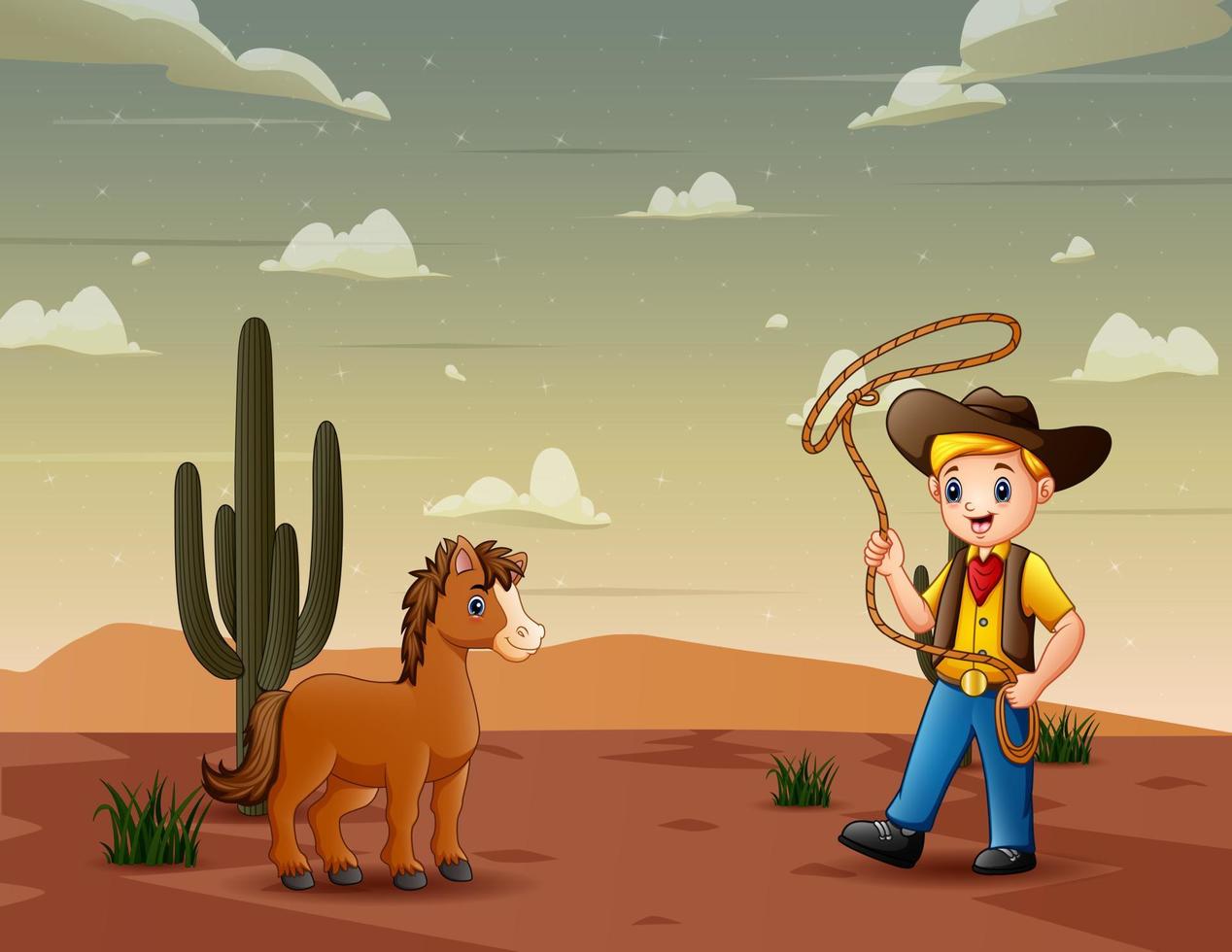 un vaquero atrapando caballos salvajes en el desierto vector