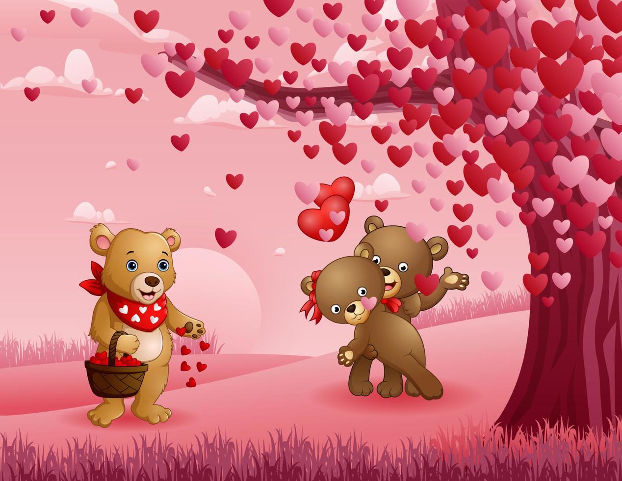 feliz día de san valentín con una pareja de osos bajo el árbol del corazón vector