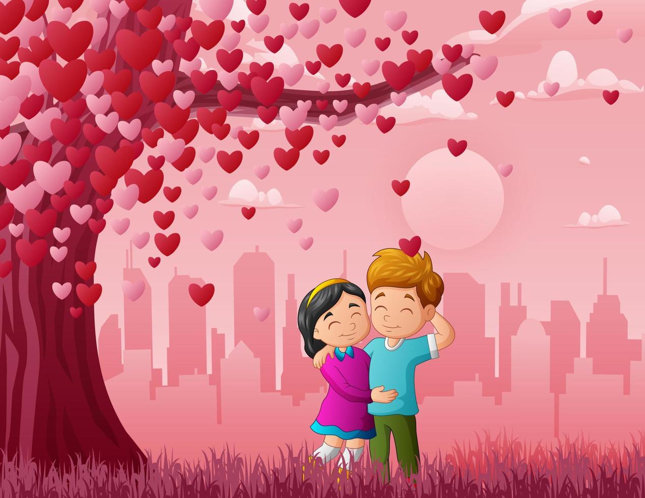 una pareja enamorada bajo un árbol de corazón vector