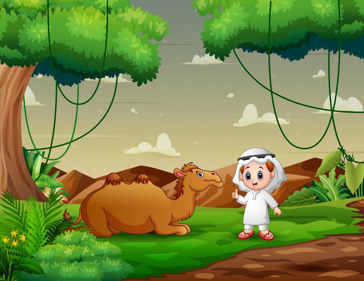 Cartoon a caravan is herding camels in green meadow vector