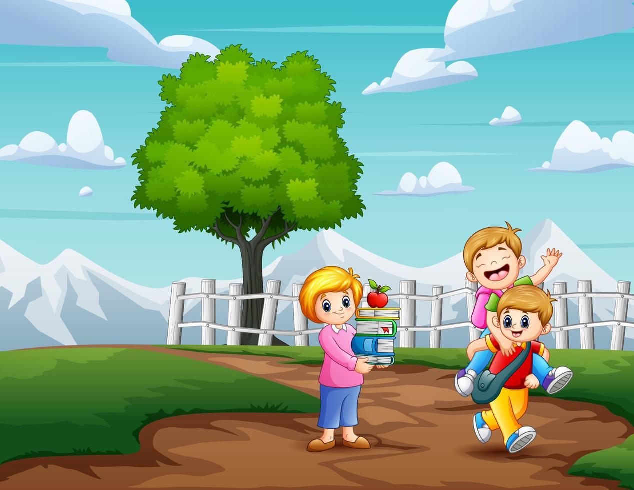 Cartoon children going to school on a dirt road vector