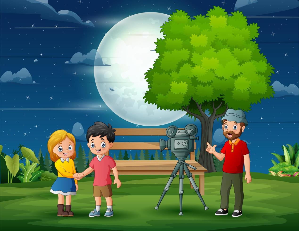 Cartoon young couple being filmed by cameraman vector