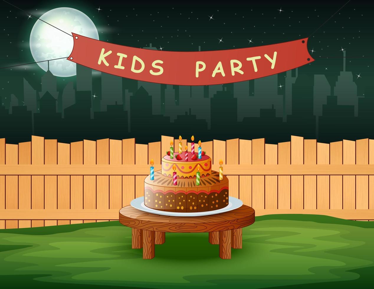 Kids party background and birthday cake in the night landscape vector