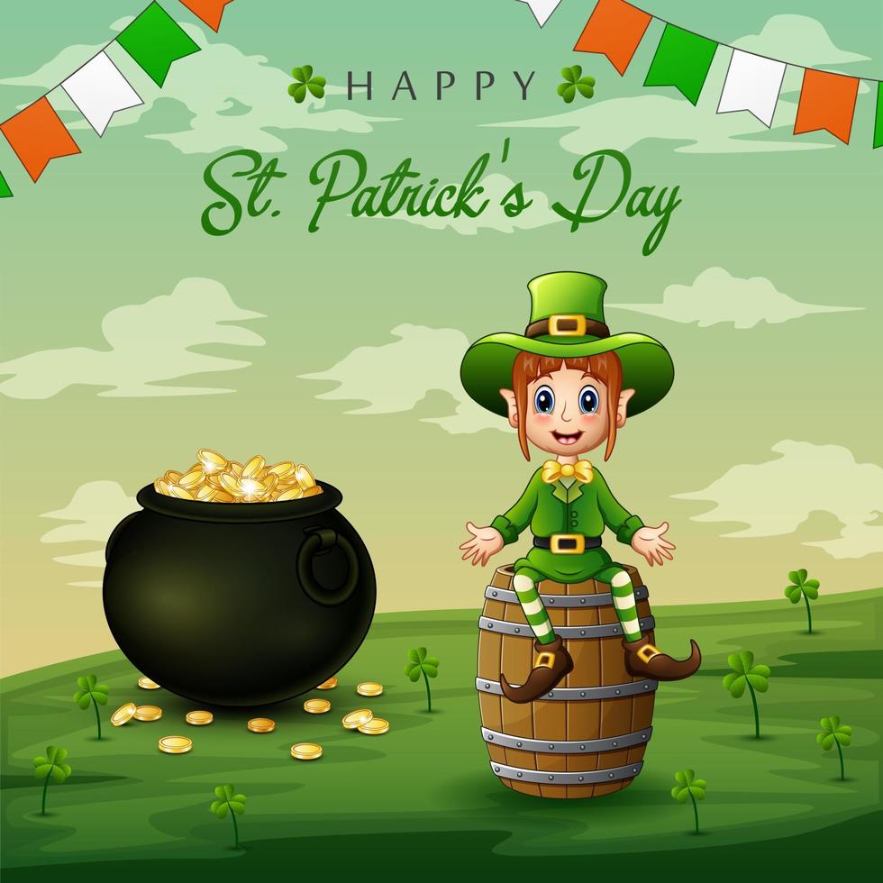 Happy St Patrick's Day background with a Leprechaun sitting on barrel vector