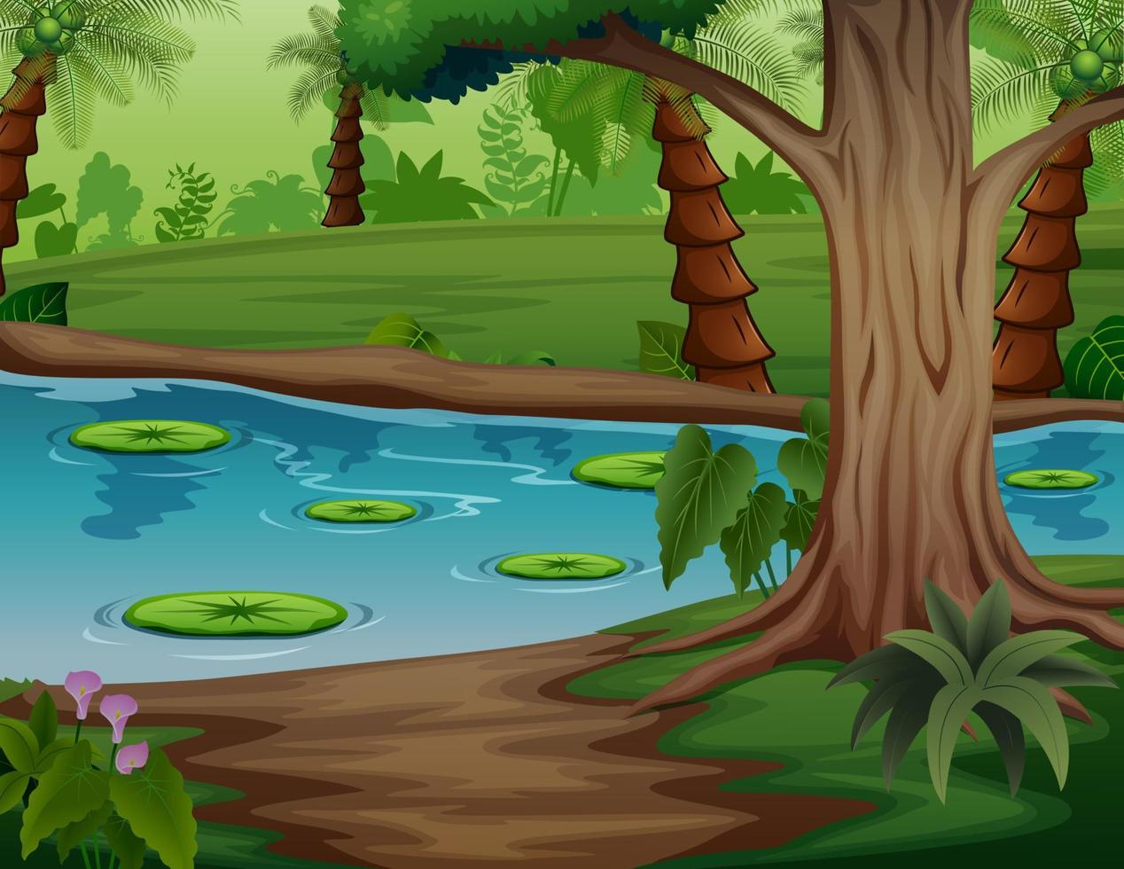 ilustración del paisaje del lago con loto cerca de un bosque de palmeras vector