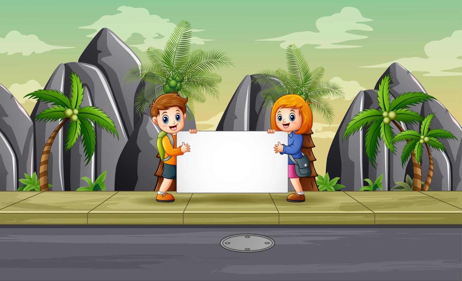 Funny a boy and girl holding blank sign on the roadside vector