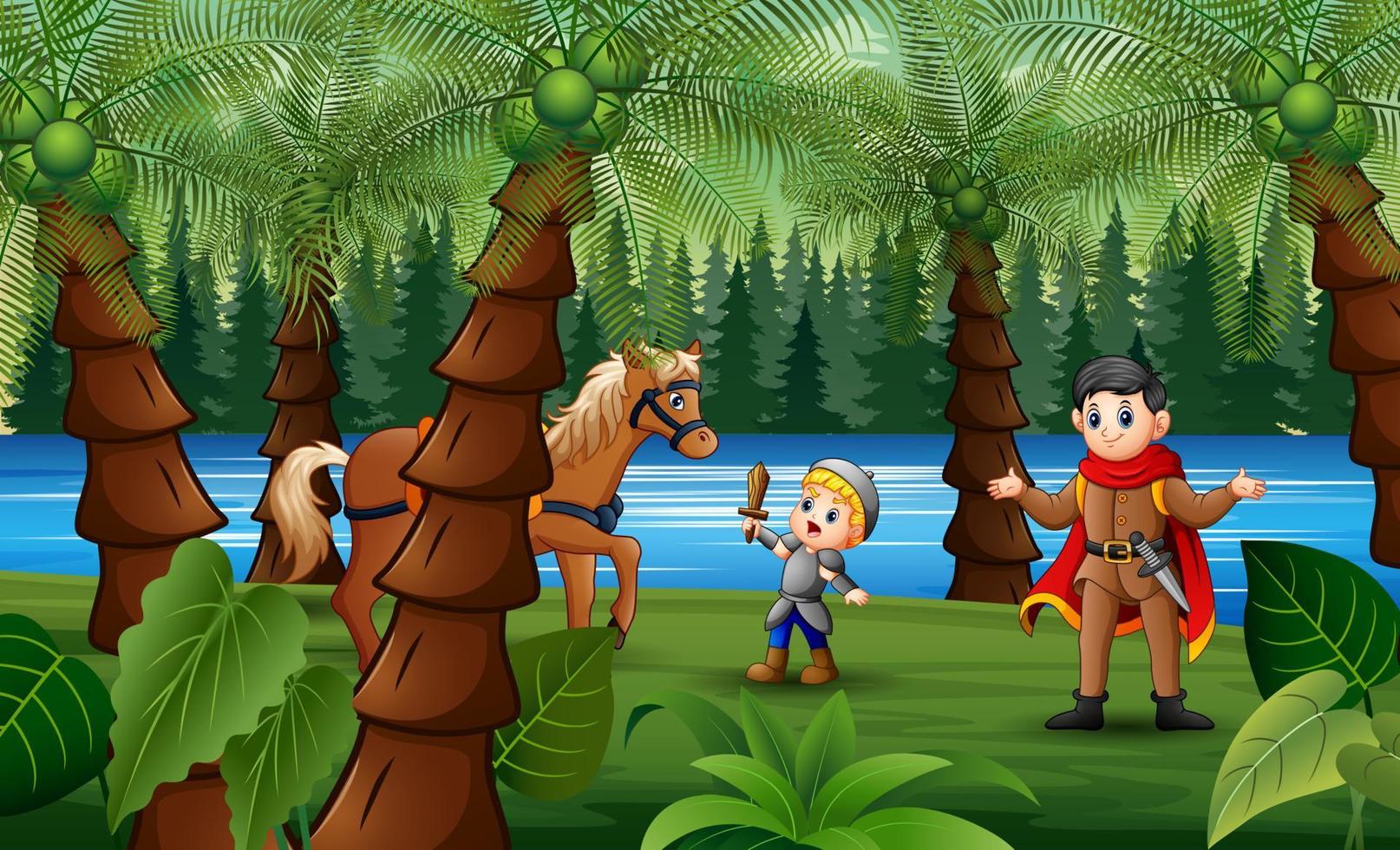 Illustration of a prince and little knight in a forest vector
