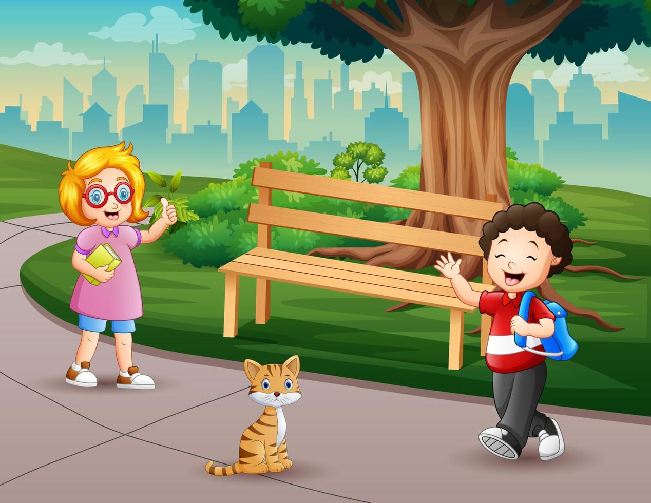 Cartoon schoolboy meeting his friend in the park vector