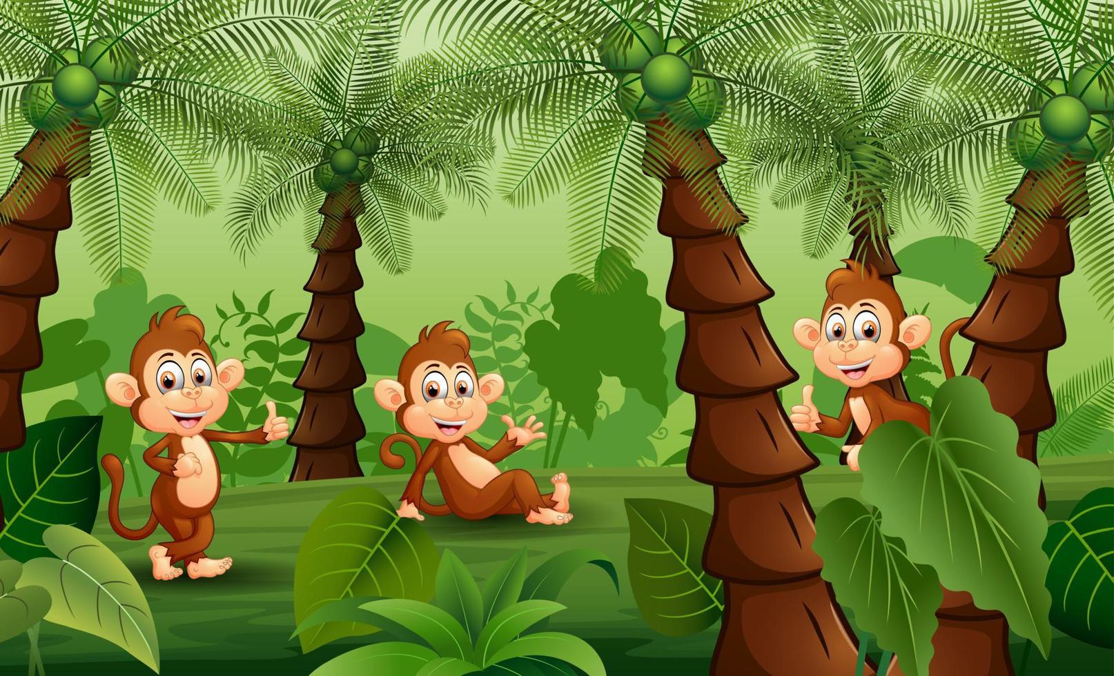 tres monos lindos en la ilustración del bosque de palmeras vector