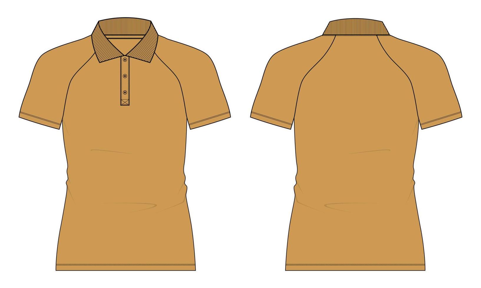 Camiseta polo raglán de manga corta técnica moda dibujo plano ilustración vectorial plantilla de color amarillo vistas frontal y posterior. vector