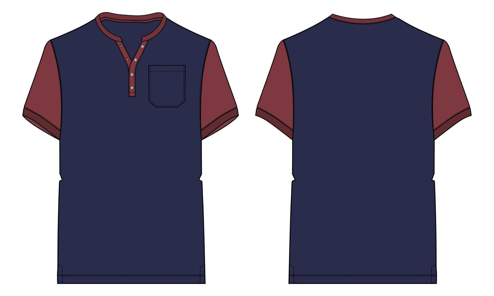 camiseta de manga corta de color rojo marino de dos tonos con vista frontal y posterior de la plantilla de ilustración vectorial de boceto plano de moda técnica de bolsillo. tarjeta de maqueta de diseño de ropa. edición fácil y personalizable. vector