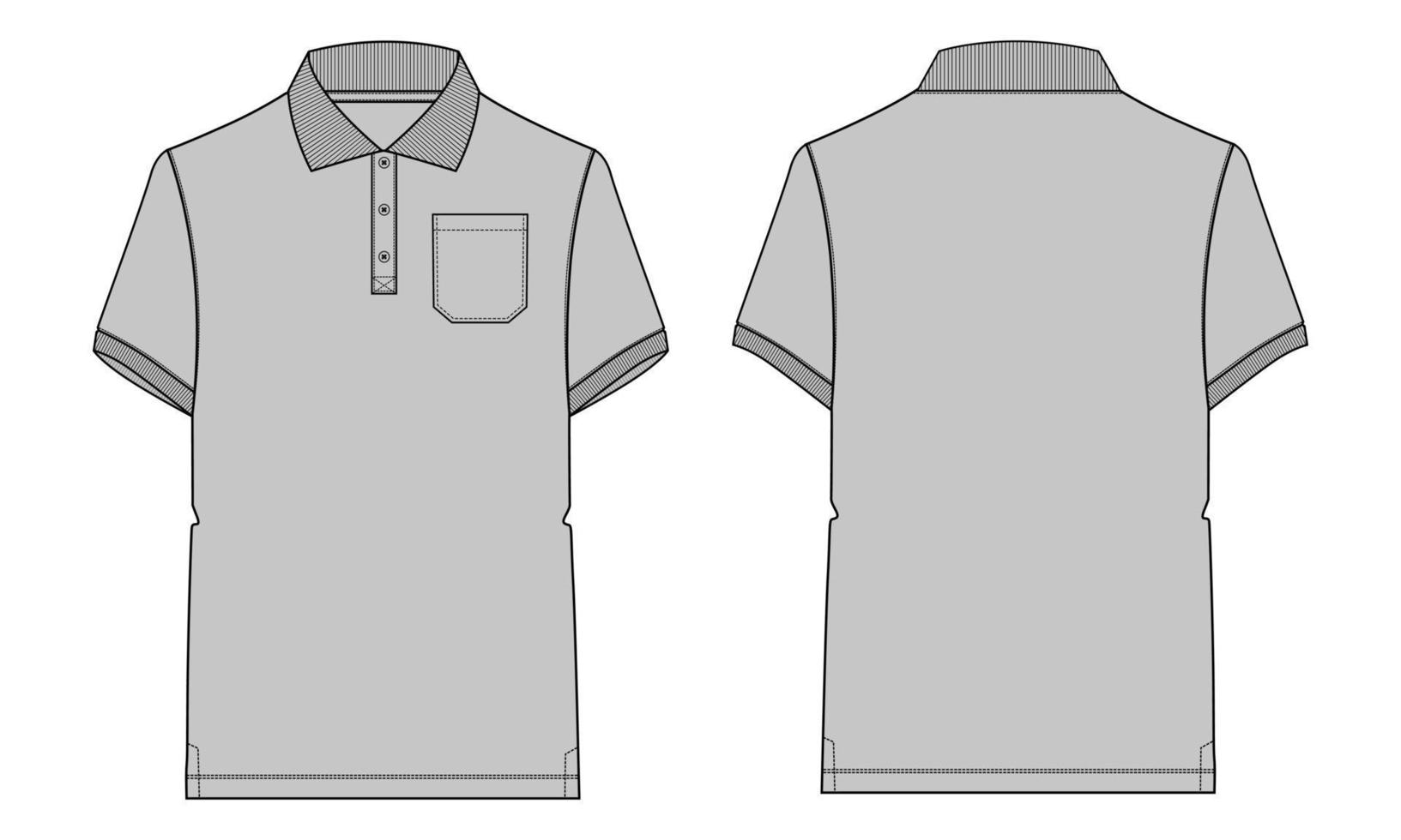 polo de manga corta moda técnica boceto plano ilustración vectorial plantilla de color gris vistas frontal y posterior. maqueta de diseño de ropa. edición fácil y personalizable vector