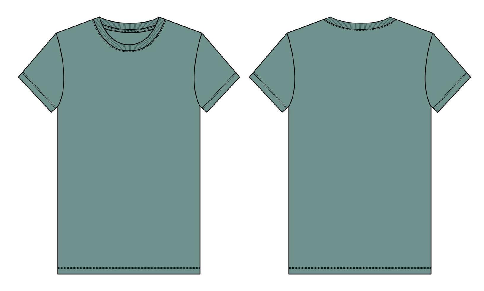 Short sleeve T shirt technical fashion Flat Sketch Green color Template. Vector illustration basic apparel design front and Back view. Easy edit and customizable.