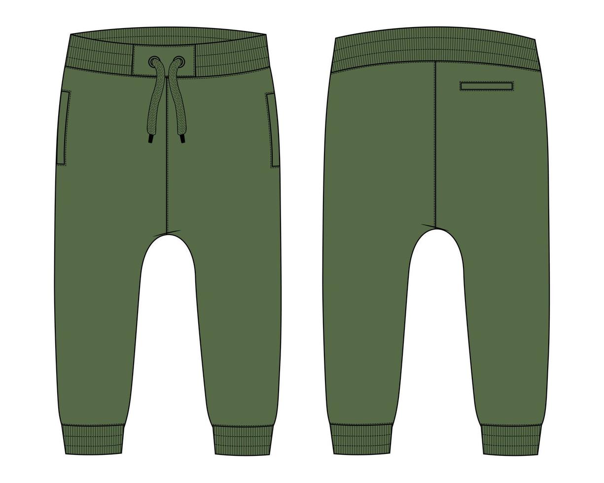 Fleece cotton jersey basic Sweat pant technical fashion flat sketch Green Color template front and back views. Apparel jogger pants vector illustration mock up for kids and boys.