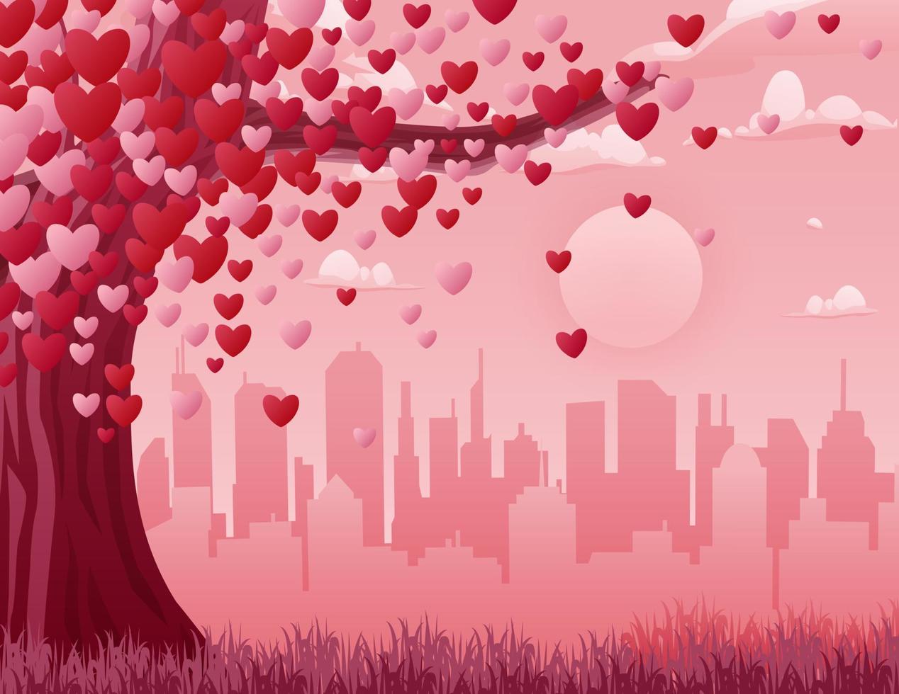 fondo del día de san valentín con un árbol de corazón y paisaje urbano vector