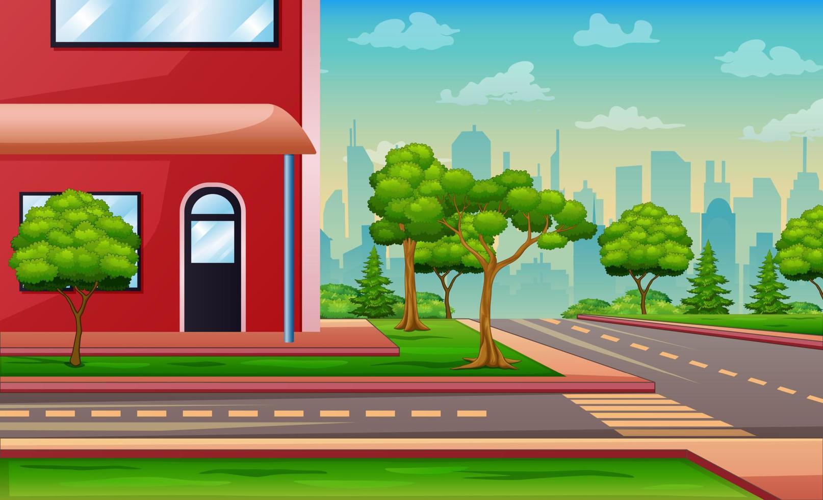 calle del suburbio con árboles y edificio vector