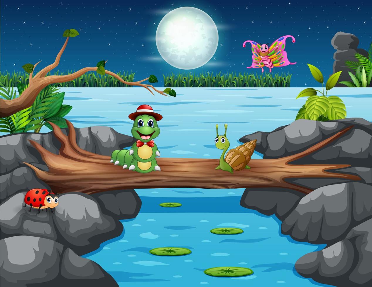 Cartoon of insect animals playing in the nature at night vector