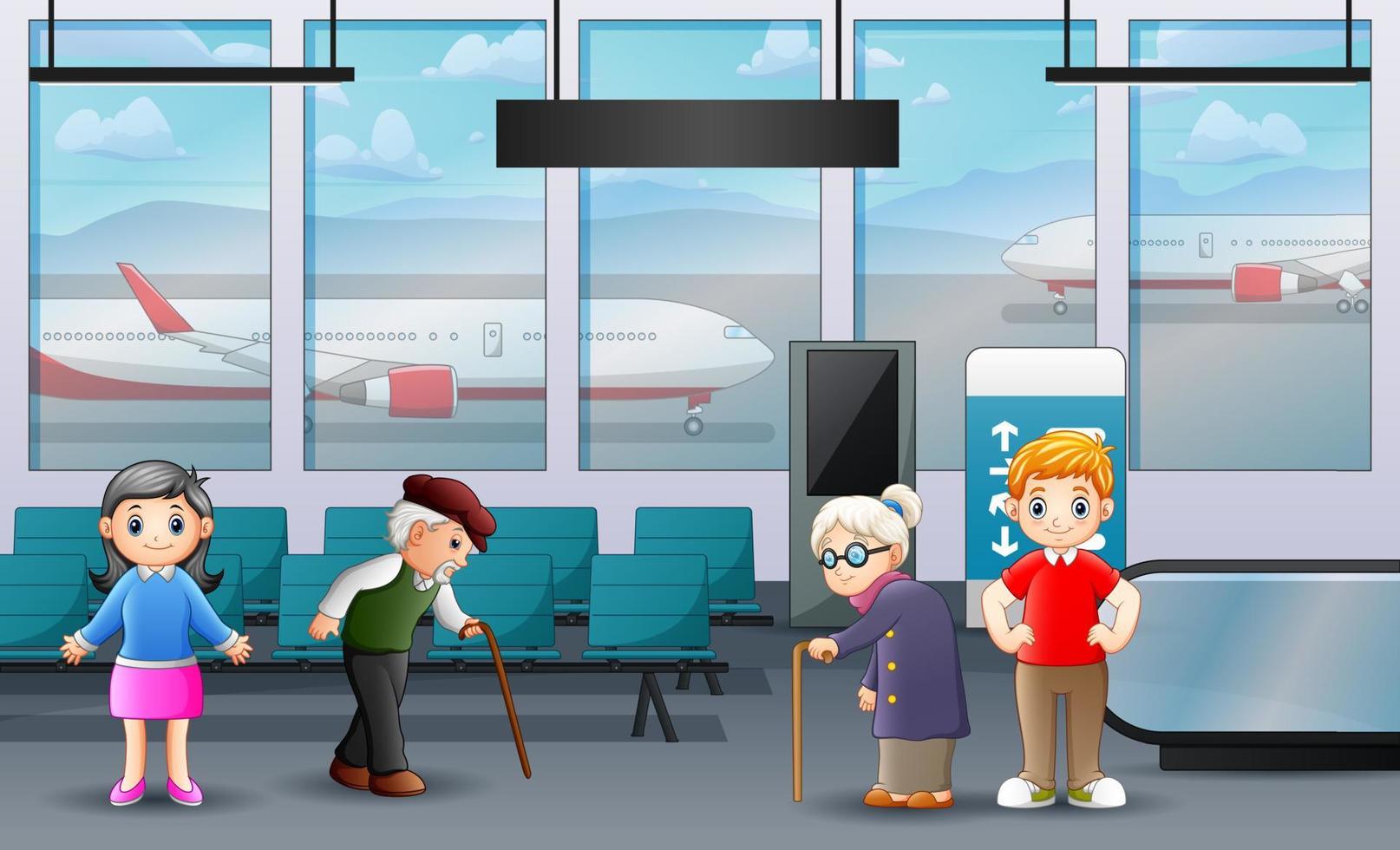 Airport passenger terminal with waiting room and people vector