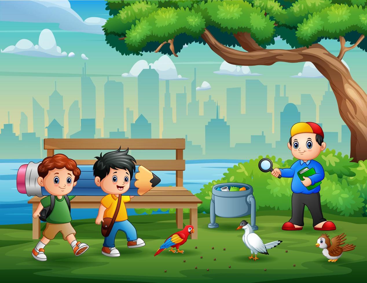 Cartoon the children playing with birds in the park vector