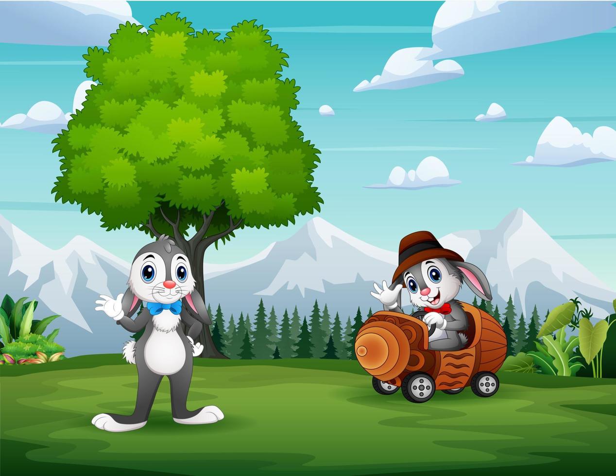 Funny bunnies cartoon playing at green nature vector