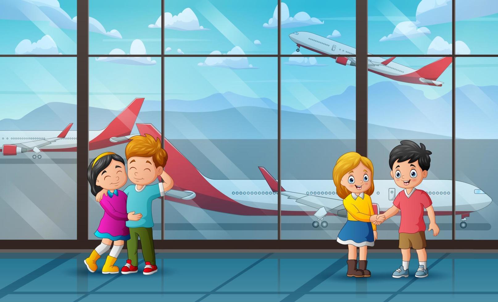 Young couples are meet and hug in the airport vector