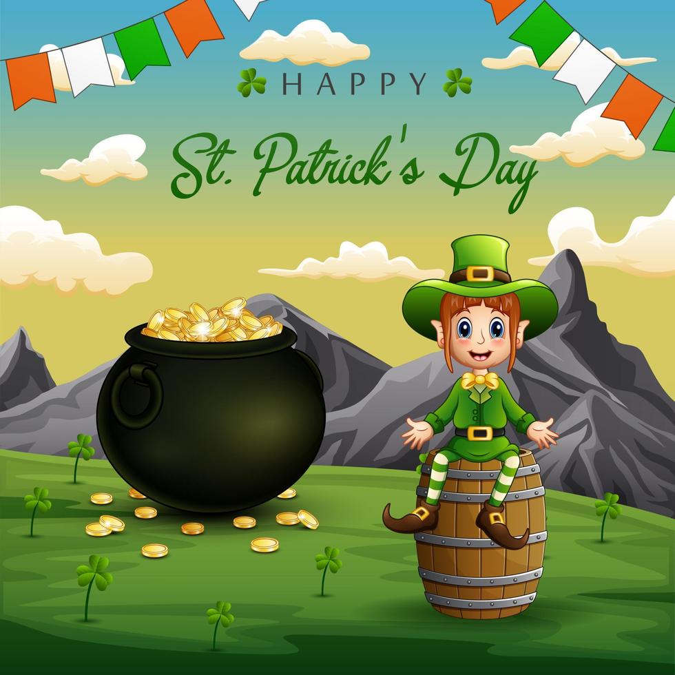 Happy St Patrick's Day background with a Leprechaun sitting on barrel vector