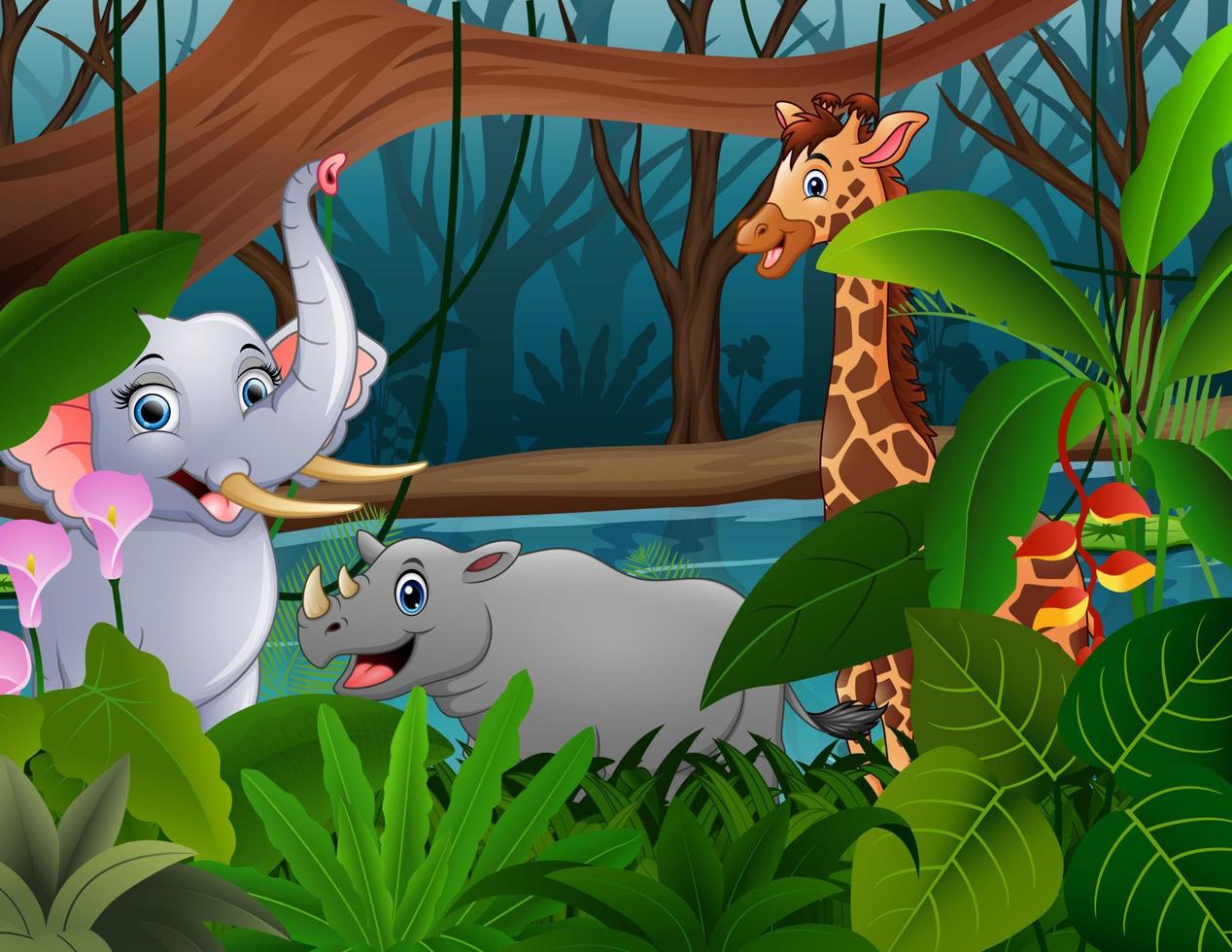 Cartoon wild animals playing at the jungle vector