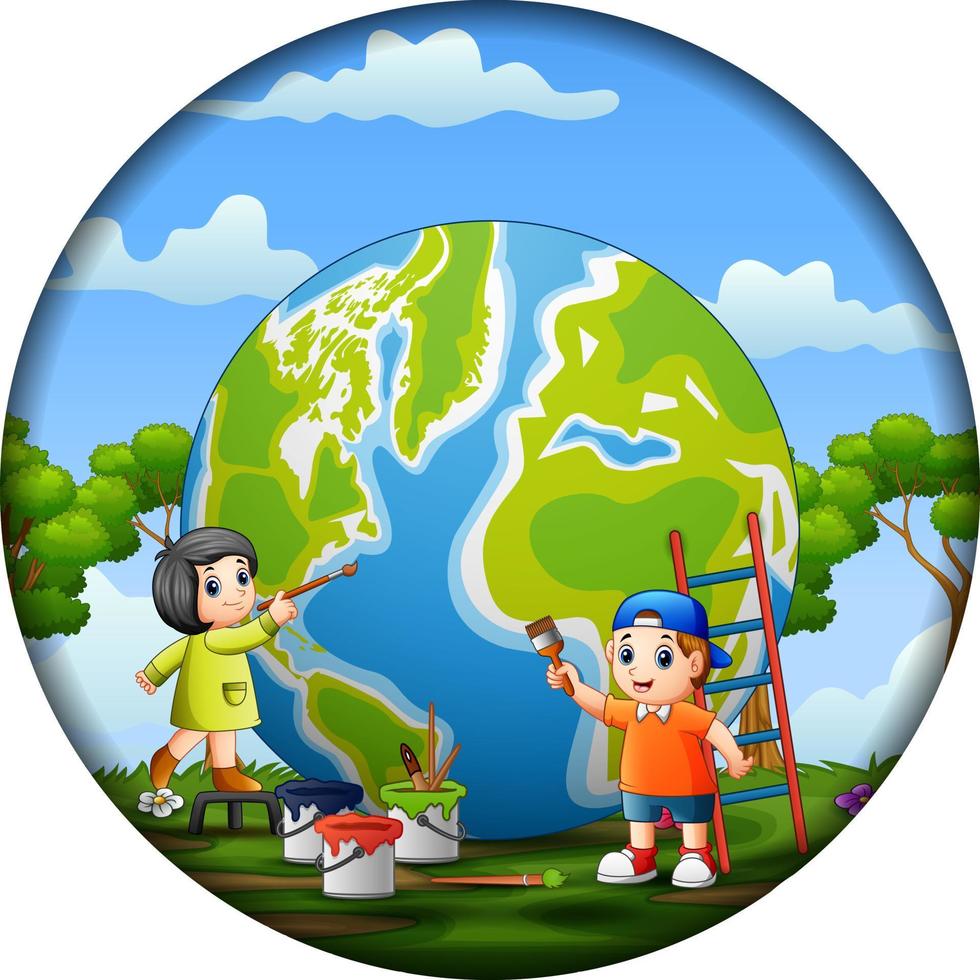 Round frame with children coloring the world vector