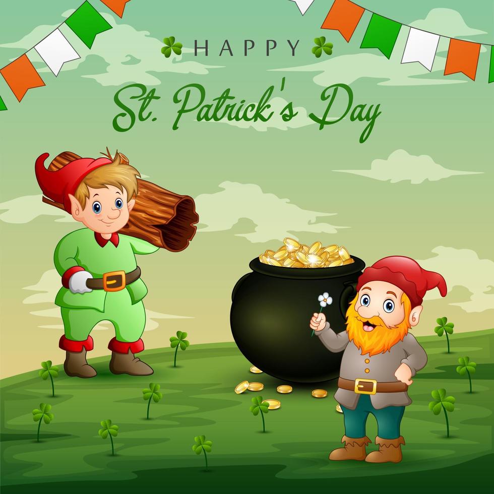 Happy St Patrick's Day background with two cute dwarfs vector