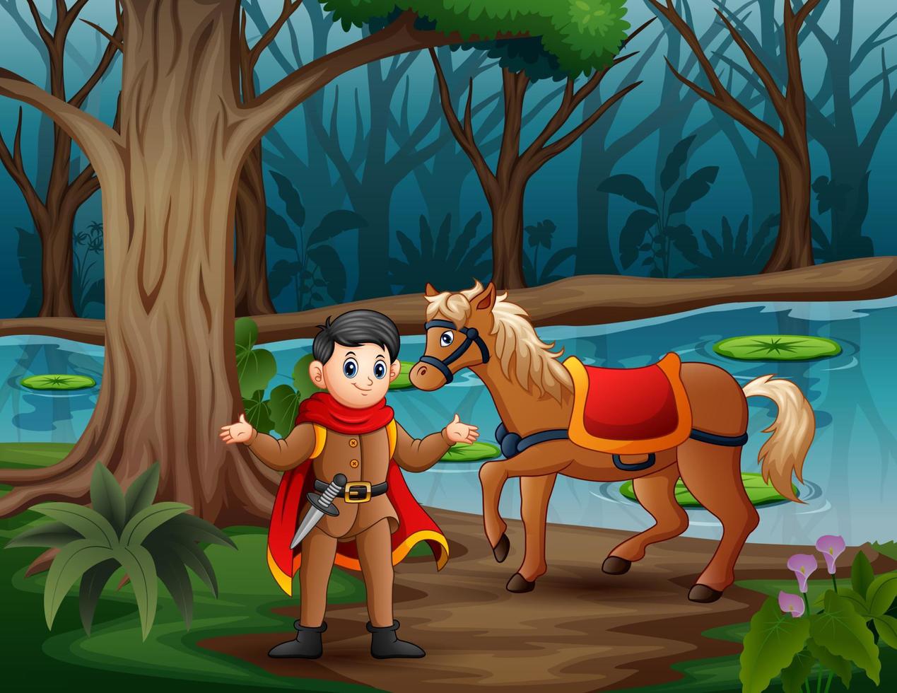Illustration of prince and a horse in the jungle vector