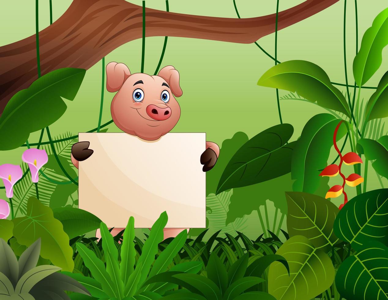 Cute a pig holding blank sign in the bushes vector
