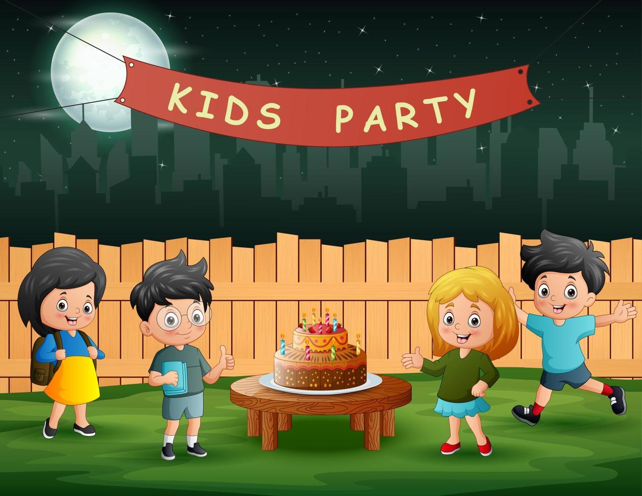 los niños en una fiesta de cumpleaños en el patio trasero por la noche vector