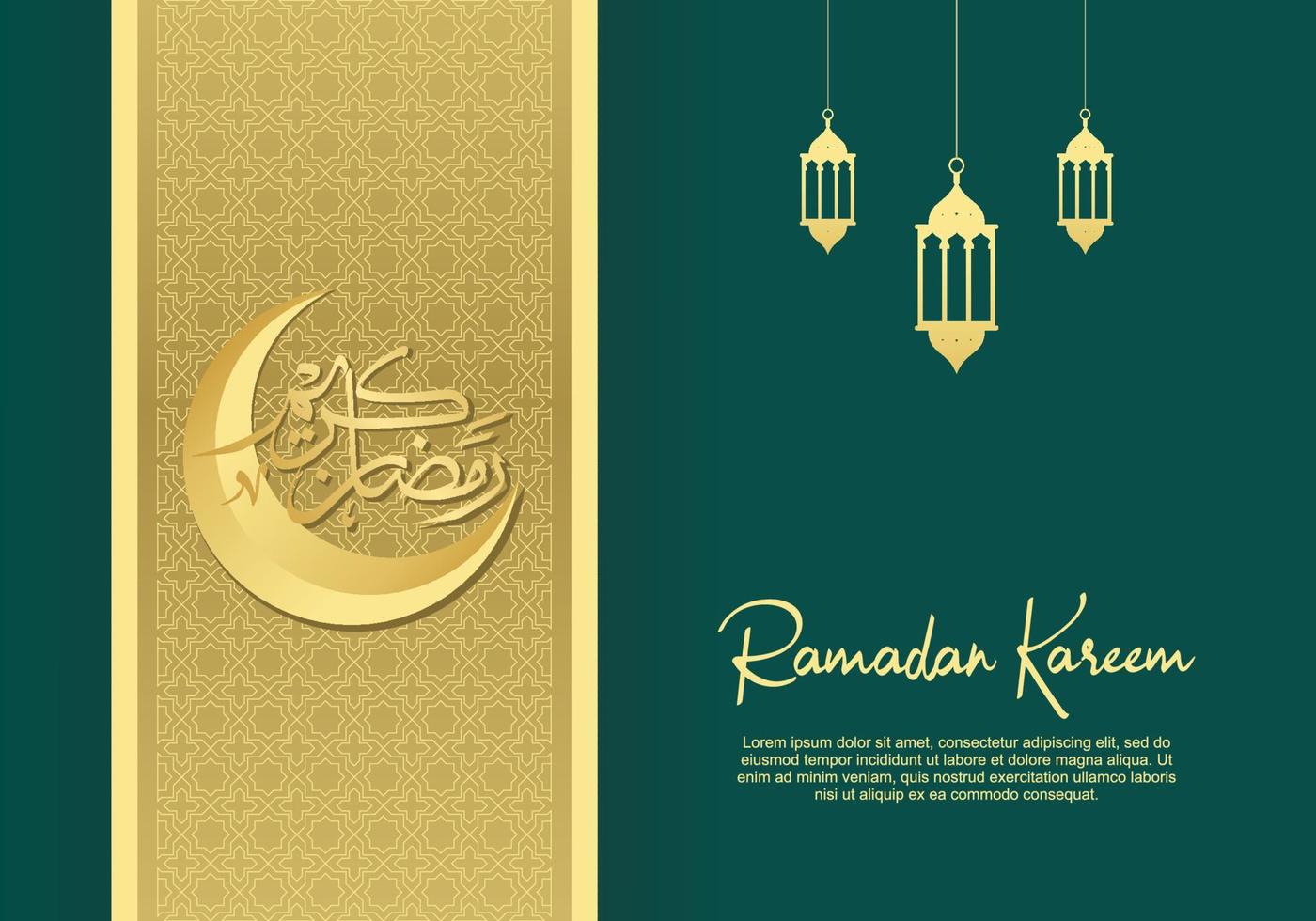 Ramadan kareem greeting card with islamic calligraphy, moon, lanterns vector